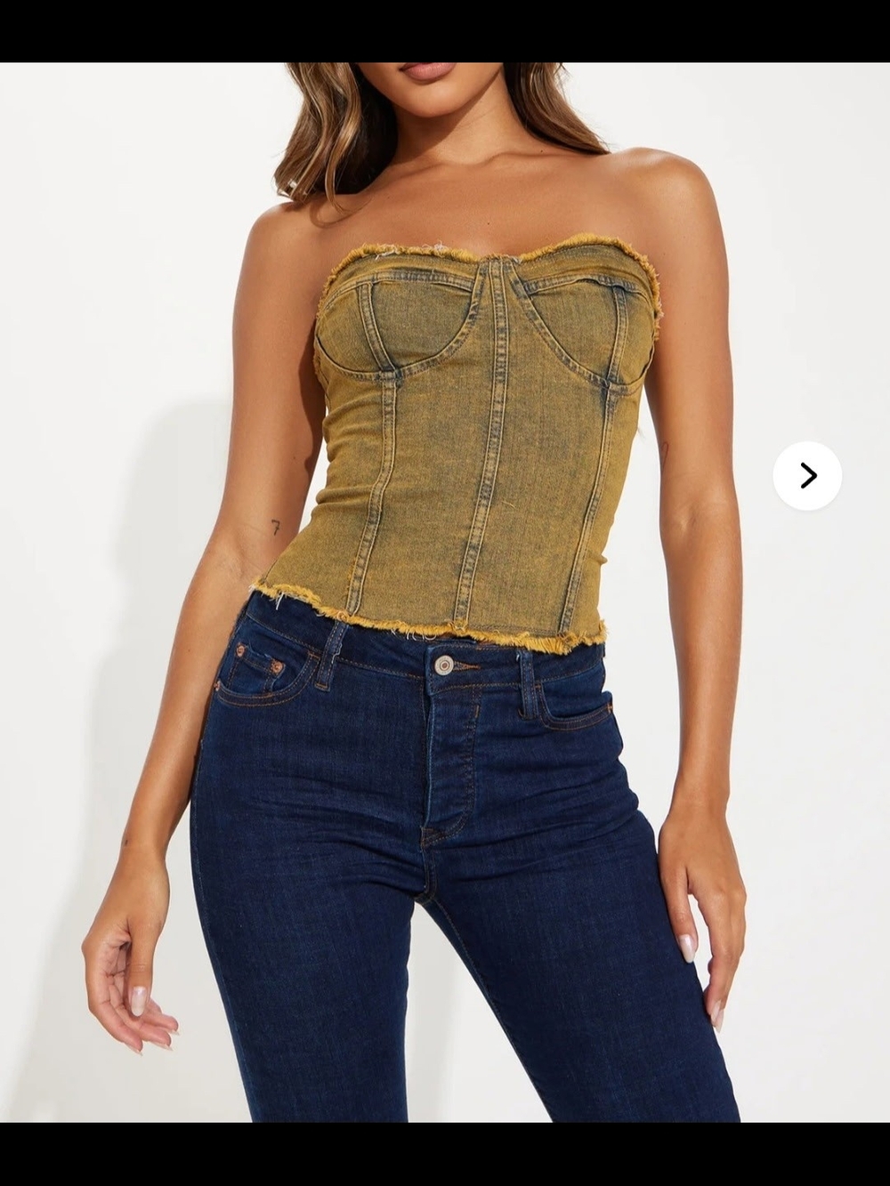 Fashion Nova Mustard Yellow Strapless Denim Bustier Crop Top